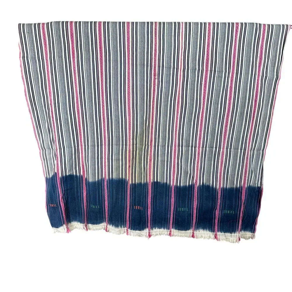 Striped Woven Textile Throw Pink Navy Cream Fringe Boho Global Eclectic Decor